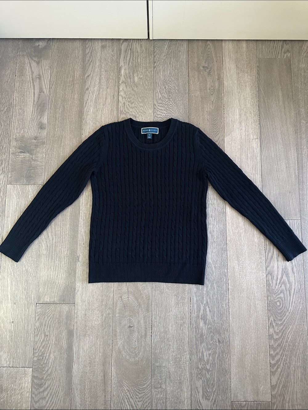 Karen Scott Black Cable-Knit Crewneck Sweater 100% Cotton